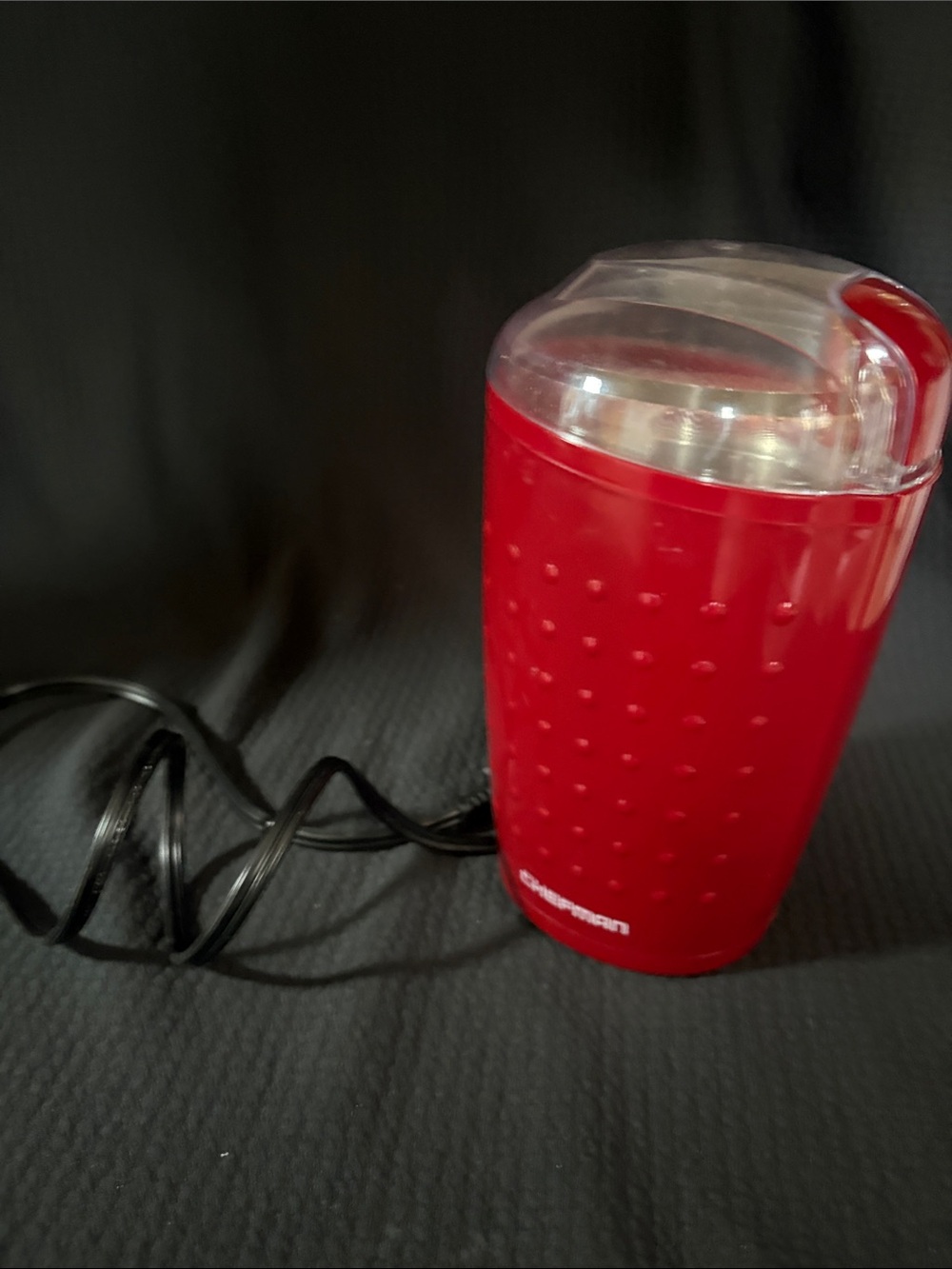 Red Electric Chefman Coffee Grinder with Clear Lid